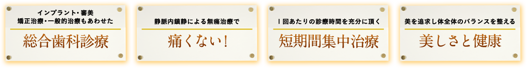 インプラント・審美・矯正もあわせた総合歯科治療。無痛治療で痛くない！1回あたりの診療時間を充分に頂く短期間集中治療。美を追求し、体全体のバランスを整える、美しさと健康